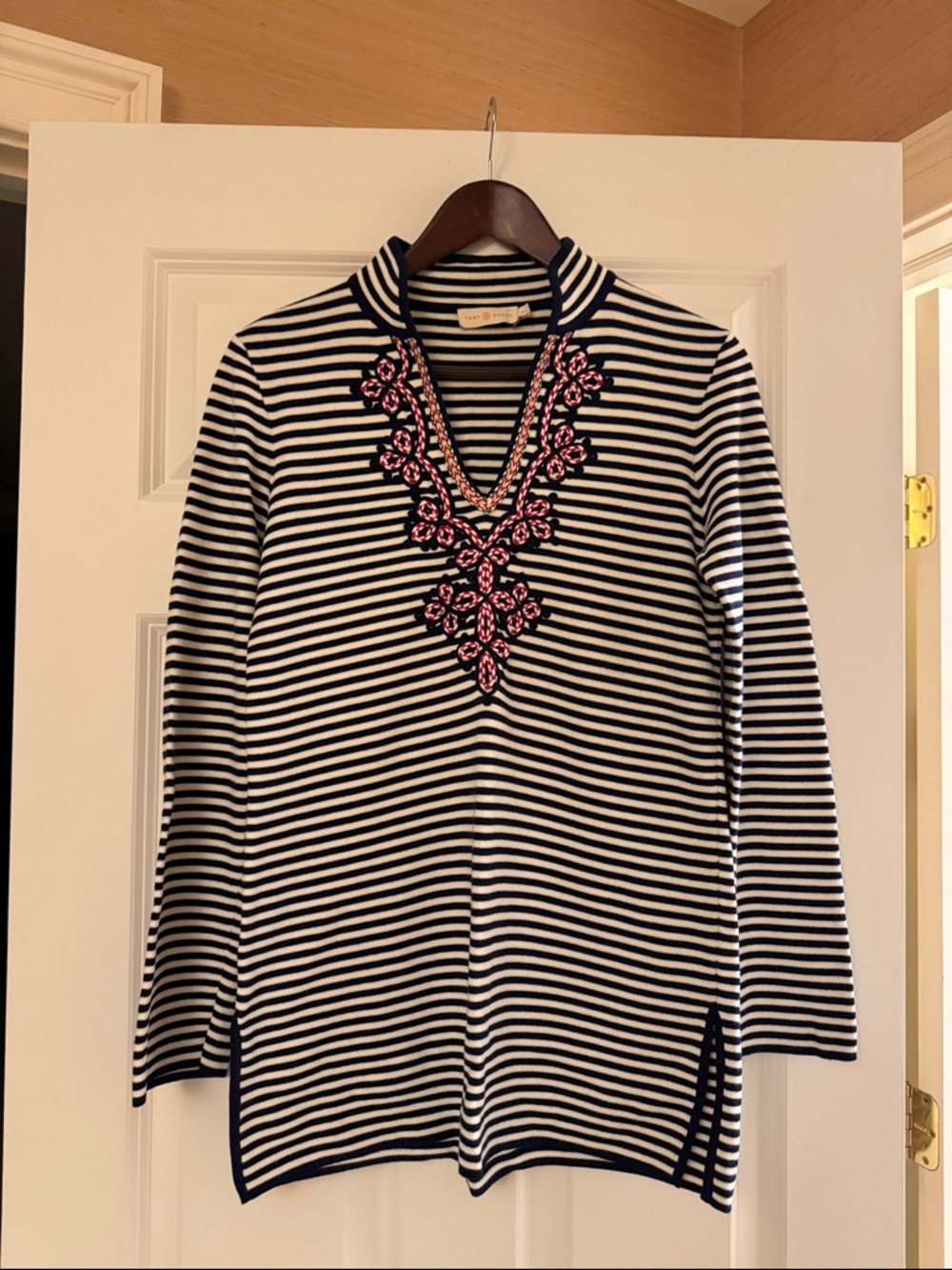 Tory Burch Navy and White Striped Top with Logo Tag